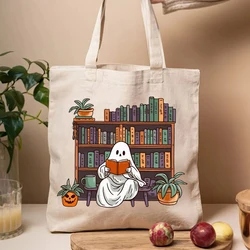 Bookishs Ghost spettrale biblioteca Tote Bags per gli amanti dei libri lettura signore Shopping borse di tela zucca girocollo regali di biblioteca