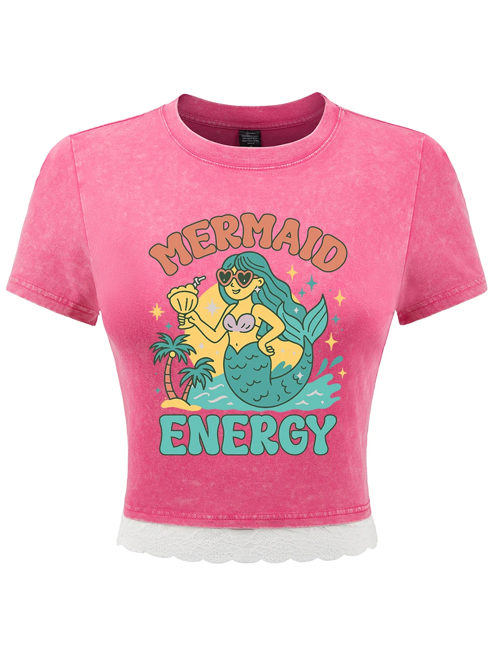 

Mermaid Energy Prints Cotton Crop Tees Womens Summer All-Math Lace Hem Washed T-Shirts Regular Fit O-Neck Tops Casual Clothes