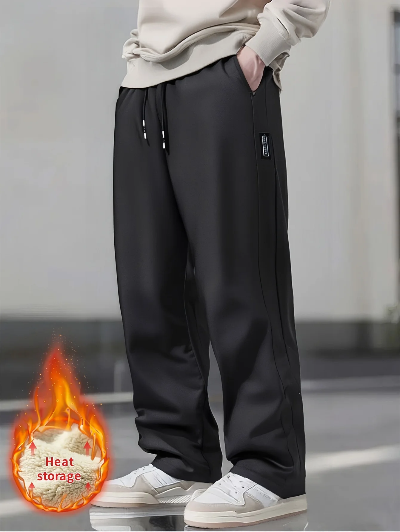 2026 Men Warm Winter Straight‑Leg Trousers Lamb Fleece Lining Drawstring Elastic Solid Color  Waist  Loose Casual Thermal Pant