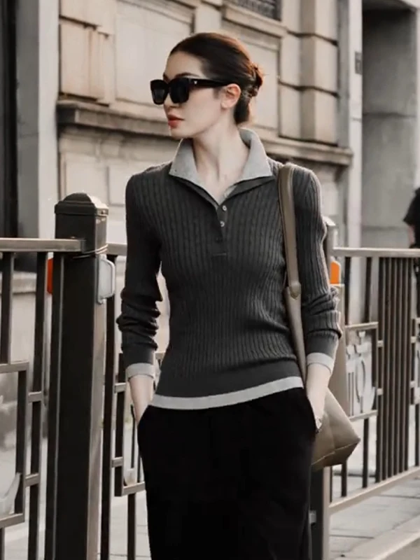 

Splicing and contrasting fake two-piece lapel twist cashmere top women's autumn and winter slim warm sweater