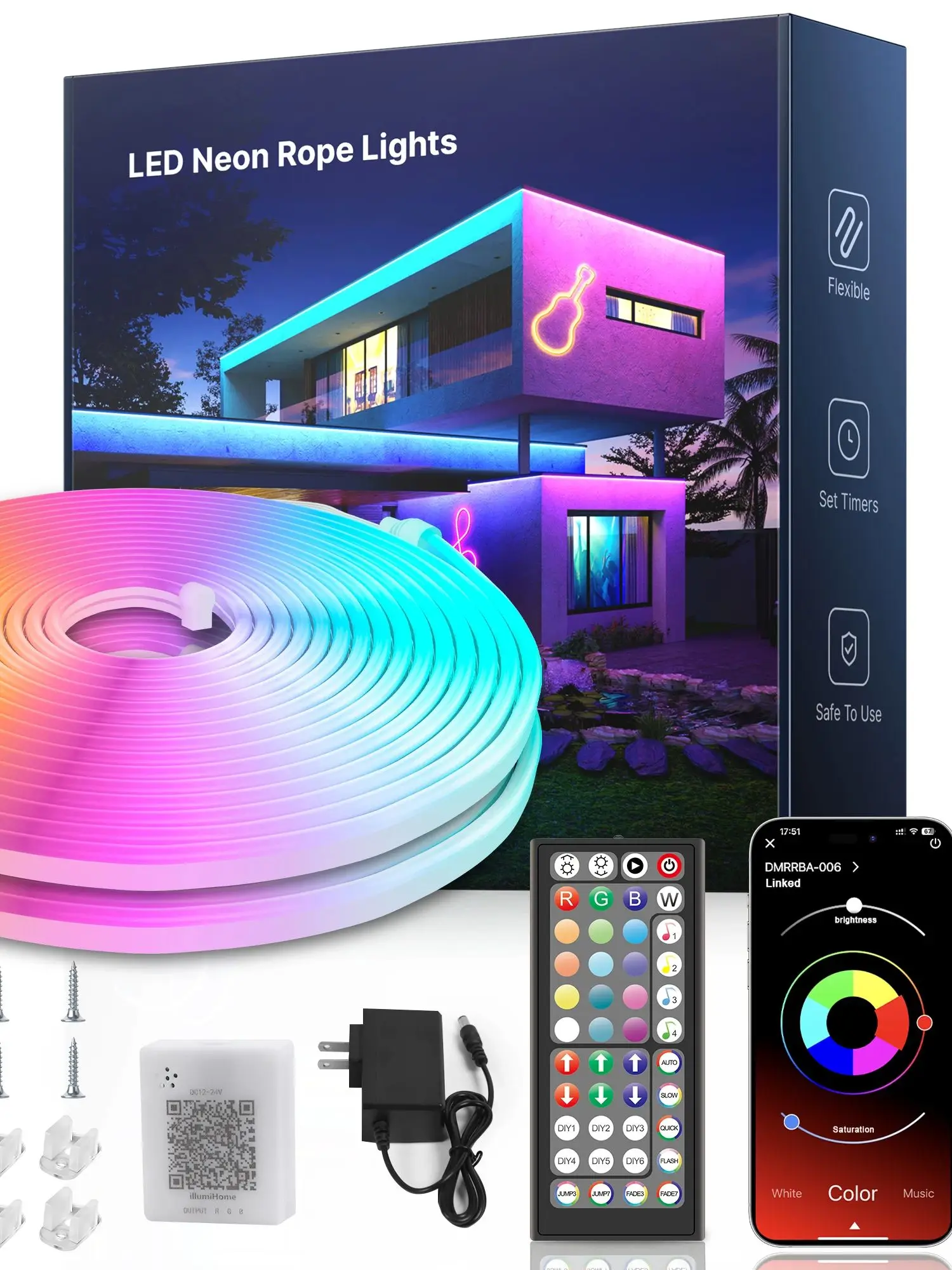 Lampes LED en corde néon 30/20/15/10/5 m, contrôle avec application/télécommande, corde lumineuse LED Flexible, plusieurs Modes, veilleuses RGB