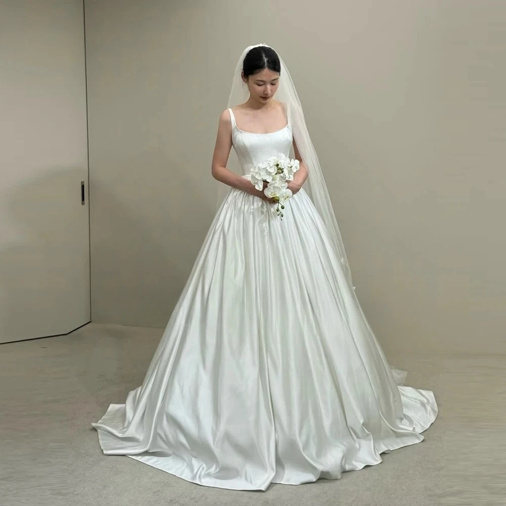 

Simple A-Line Korea Wedding Dresses Photo Shoot Soft Satin Sleeveless Floor Length Bridal Gowns웨딩드레스Customized Corset