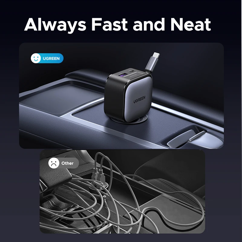 UGREEN 145W Car Charger PD Fast Charging 3 USB-C 1 USB-A Ports Retractable Cable for MacBook iPhone Samsung Android Laptop