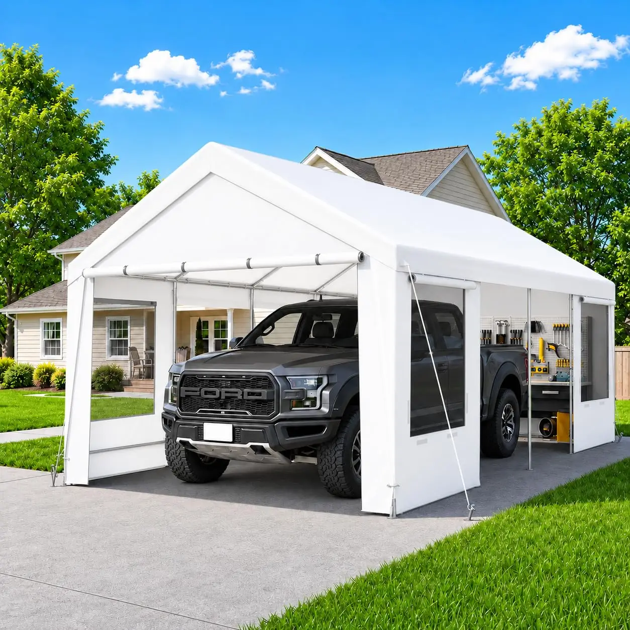 Heavy Duty Carport Canopy with Removable Sidewalls & Zipper Doors, Enclosed Shelter for SUV Truck Boat, 12x24 ft, Customized