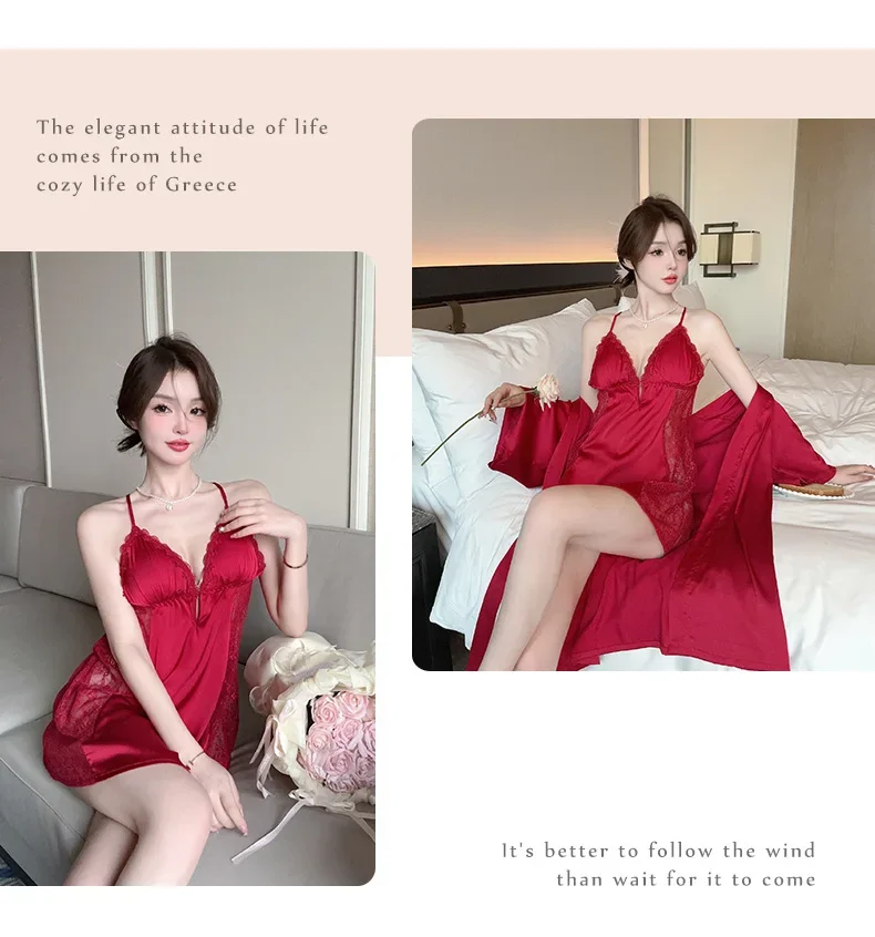 Conjunto de Dos Piezas de Lencería Sexy de Satén con Encaje para Mujer, Camisón de Verano con Relleno en el Pecho, Cuello en V, Ropa de Dormir Cómoda para el Hogar