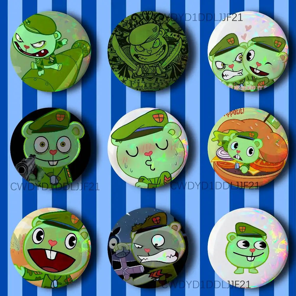 

H-Happy Tree Friends Flippy Icons Badge Creative Figure Enamel Pins Round Tinplate Brooch Bag Clothes Accessories