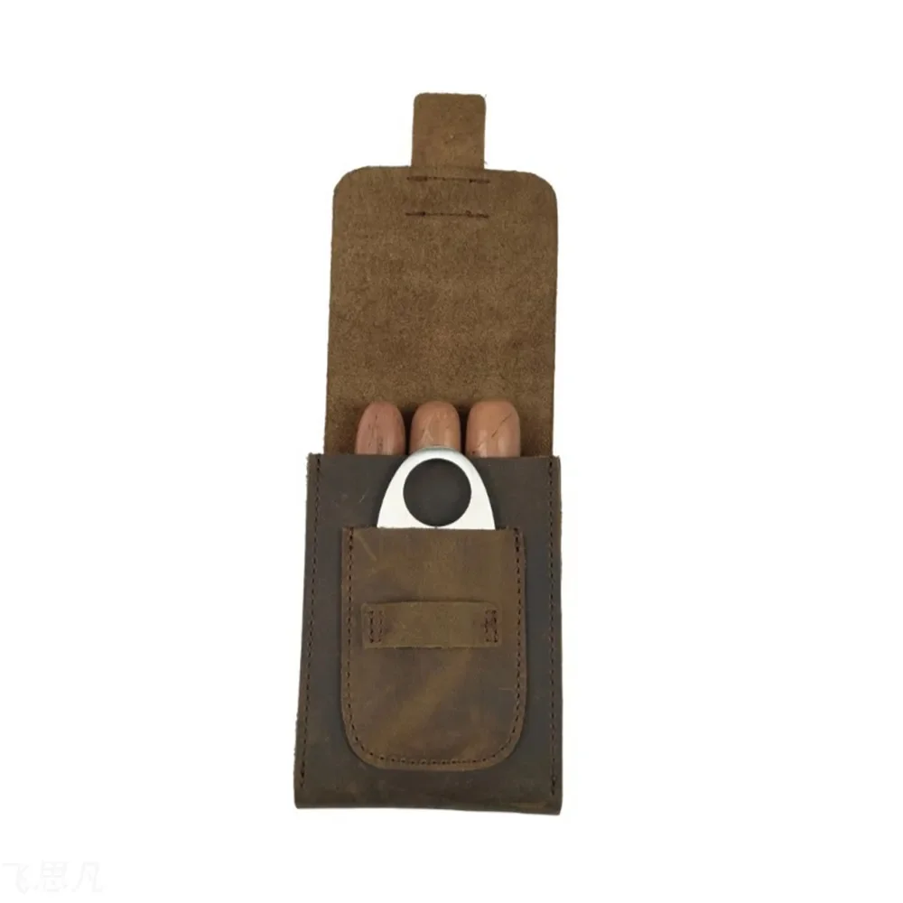 Portable Genuine Leather Cigar Travel Case Storage with Matching Cigar Cutter Scissors Durable Smoking Pipe Accessory view 3