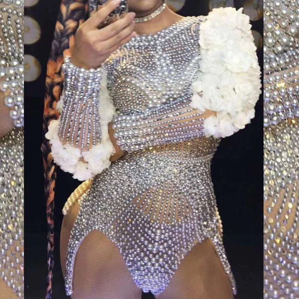 Bodysuit Pérola Rhinestone Sparkly para Mulheres, Manga Comprida, Apliques, Boate, Show de Dança, Festa, Noite, Drag Queen Traje