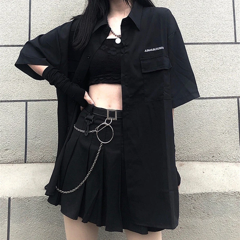 Vintage Loose Solid BF Gothic Two Piece Set Women Summer Casual Korean Button Shirt and Black Pleated A-line Mini Yk2 Skirt