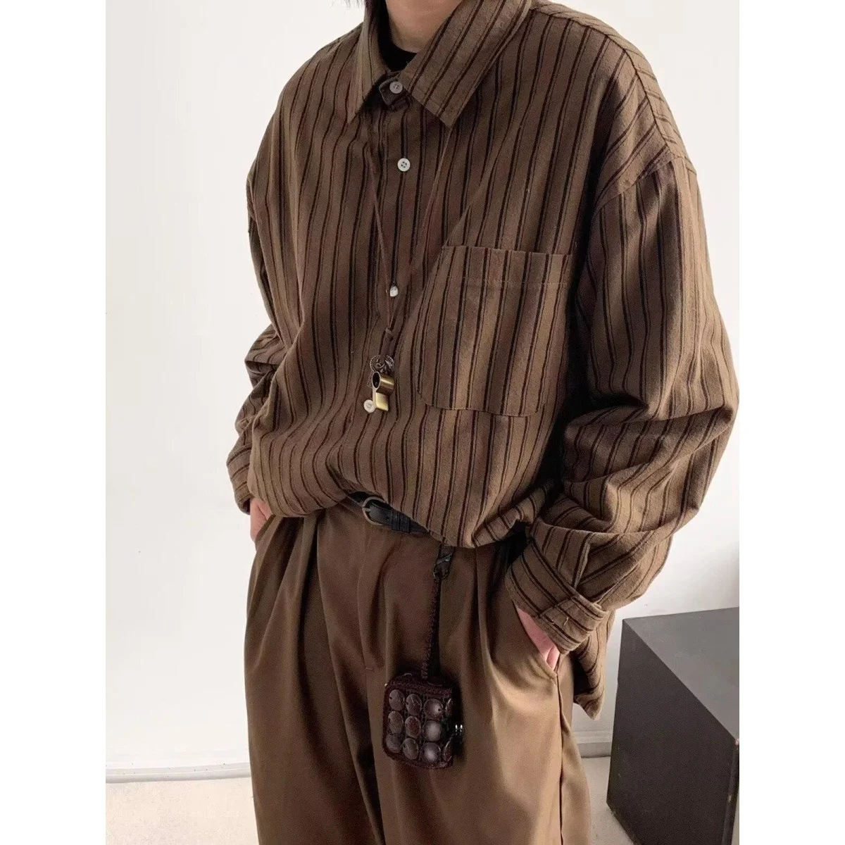 

Autumn Winter Men's Retro Striped Jaet Loose Casual Teenagers All-Match Outerwear Long Sve Button up irt Korean Sle