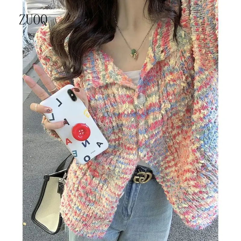New 2025 Spring/Autumn Knitted Cardigan Women Spring and Autumn Soft Colorful Dots Preppy Style Niche Blouse Woman
