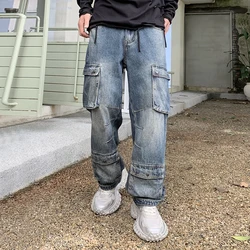 High-end biker straight work men's jeans large pockets loose wide-legged fall high street gangster handsome with pants