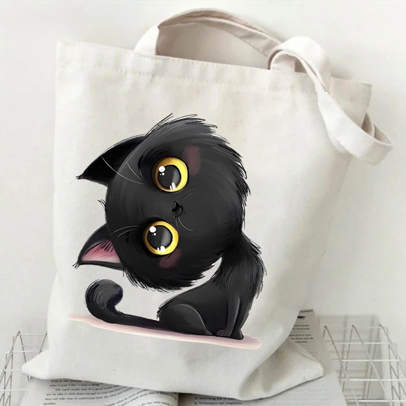 

Anime Black Cat Print Shopping Bag Canvas Tote Bag Women Graphic Casual Fashion Teen Handbag Cartoon Kitten Side Bag for Ladies