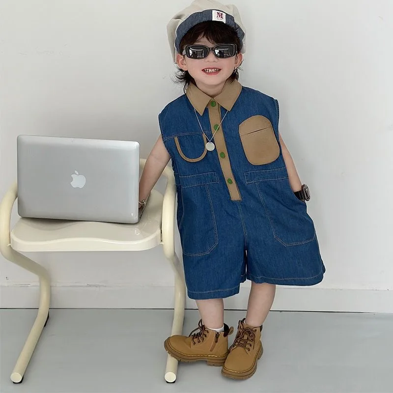 

2024 Summer New baby jumpsuit Contrasting colors patch Kids denim cropped pants Children sleeveless jumpsuit Boys Girls shorts