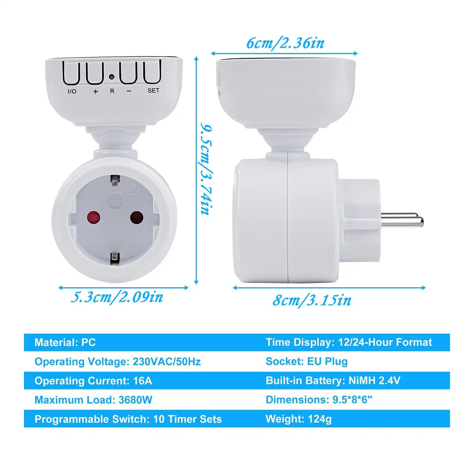 

Вращающийся на 360 градусов экран, таймер, розетка AC230V, 16A, 3680 Вт, цифровой таймер, 10 программируемых переключателей, цифровой таймер