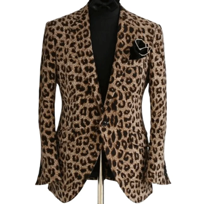 Fashion Business Leopard Pattern Notch Lapel Pockets One Button Blazer Men Blazer Slim Fit Casual Daily High Quality Suit Jacket