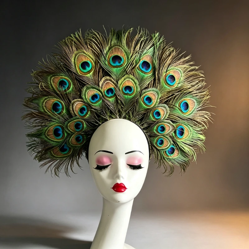 Peacock Feather Headband Large Fan Shape Natural Peacock Eye Feather Headdress For Carnival Halloween Party Stage Photo Prop