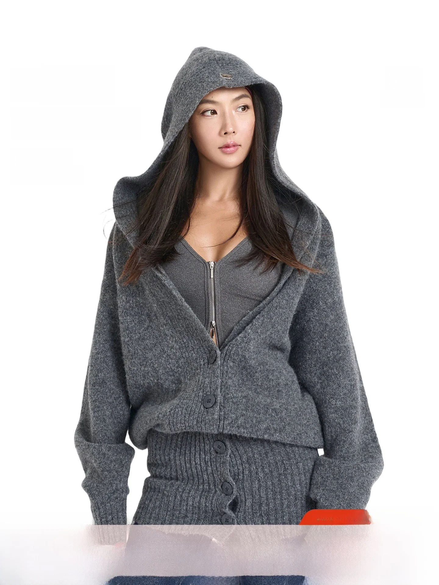 

ABMY Woolen Hooded Knitted Cardigan Double Wear Medium Length Autumn Winter Thi Warm Lazy Sweater Jaet for Women