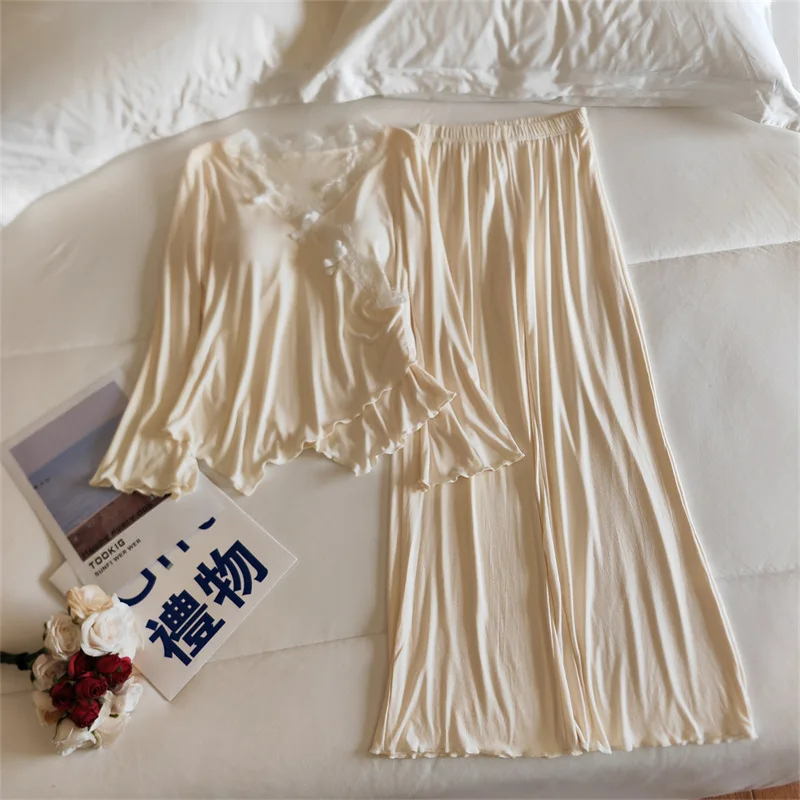 French Princess Pajamas Sexy Chest Pad Two Piece Set For Women Autumn Winter Sleepwear For Sleeping Clothes Modal Home Wear 2