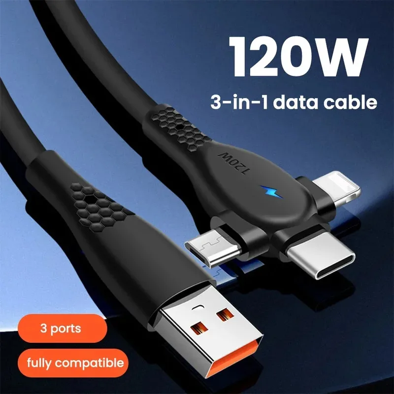 

120W 3 in 1 Fast Charging Cable 2 in 1 USB Type C Cable Data Fast Charger Cable for iPhone Huawei Xiaomi Samsung