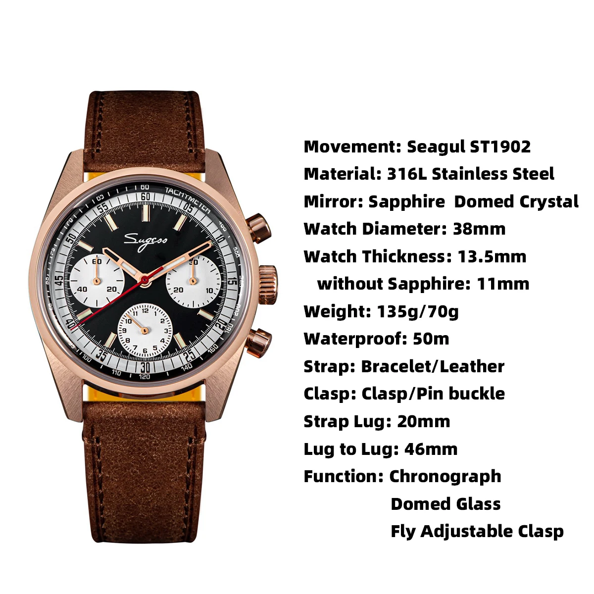 Sugess S442 New Series 38mm Chrono Master Chronograph Mens Watch Mechanical Wristwatches Dome Sapphire Tianjin Swanneck Movement