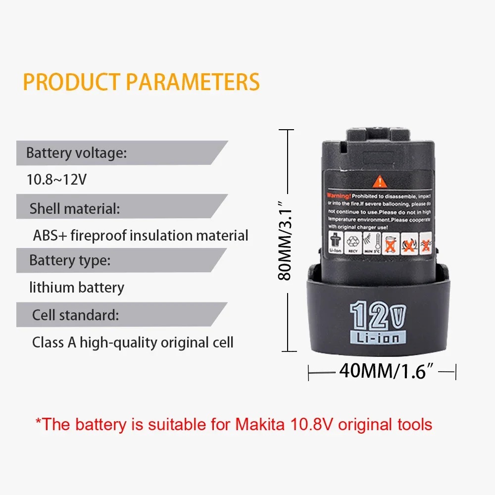 12V Rechargeable Li-ion Lithium Battery 2000mAh Electric Screwdriver Drill Chainsaw Power Tools Battery For Makita Interface