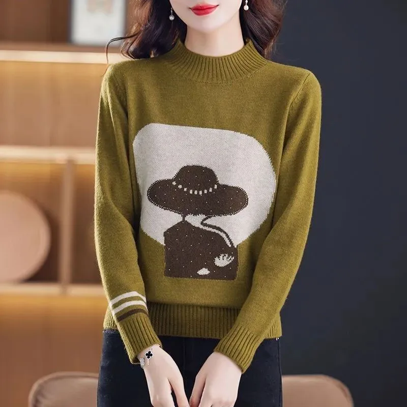 New Autumn/Winter Fashion Trend High Contrast Color Print Half High Neck Loose Versatile Western Style Simple Women\'s Sweater