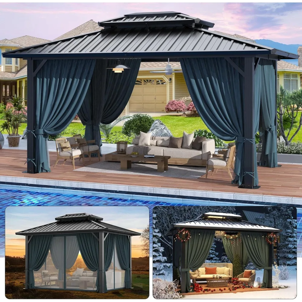 

10x12 Hardtop Heavy Duty Gazebo with Galvanized Steel Double Roof, Hot Tub Gazebo with Flame-Retardant Curtain and Netting