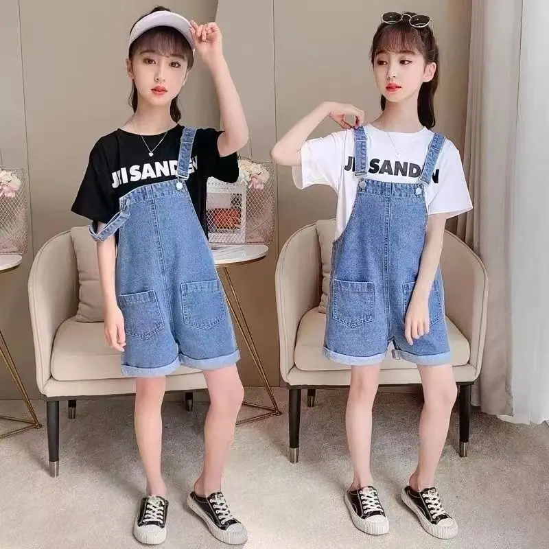 

Summer Girls Strap Pants Set 2024 New Baby T-shirt +Suspender Pants 2pc Suit Kids Short Sleeve Tee Children Denim Overalls