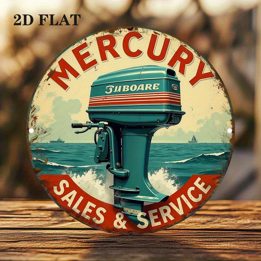 1 Stück 2D Flachdruck Metallschild Vintage für MERCURY Händler & Service 2D Rundes Metallschild - 7,79x7,79 Zoll Wandkunst mit Lebendigen Farben