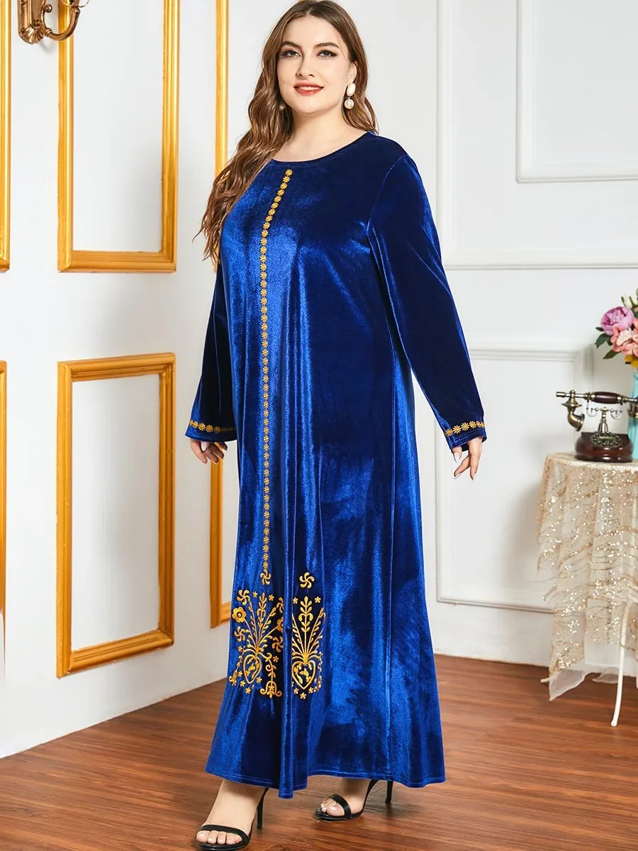 Winter Muslim Women Velvet Dress Moroccan Kaftan Dubai Long Robe Jubah Turkey Arabic Embroidery Hijab Vestidos Islamic Clothing