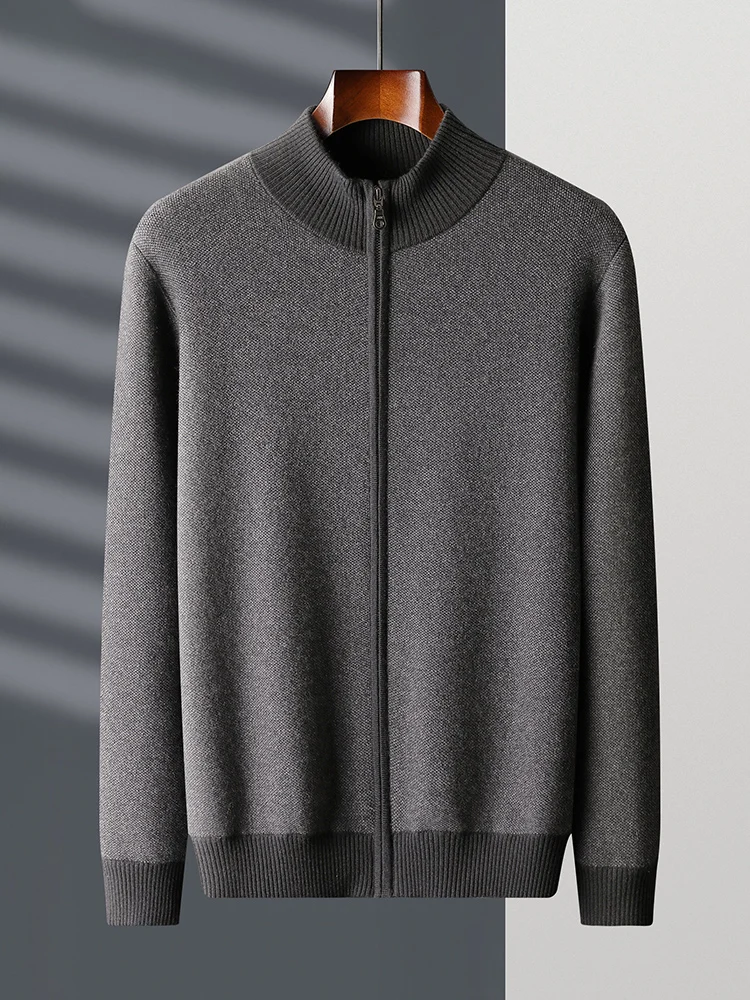 TLOML Men's 100% Cashmere Sweater Zipper Cardigan Mock Neck Thick Smart Casual Style Cashmere Knitwear Autumn Winter Comfy Coat