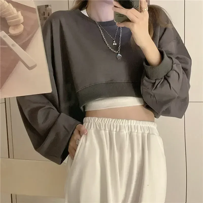 Streetwear Women Sexy Solid Cropped Sweatshirts Oversize Loose Harajuku Pullovers T Shirt Spring Korean Chic Casual Tops Y2K