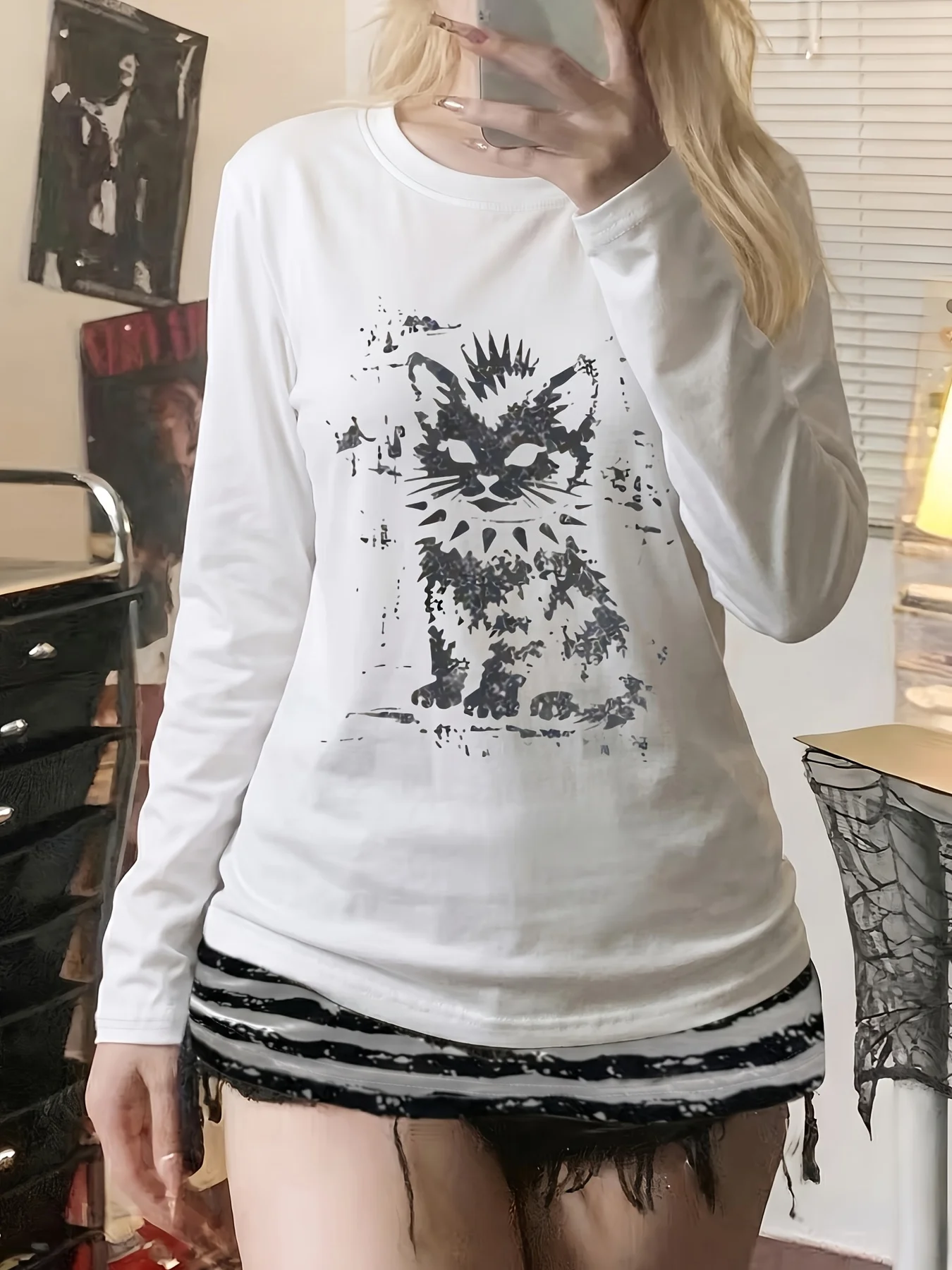Y2k punk vintage kitten print loose and slimming versatile base shirt, casual sports long sleeved T-shirt top