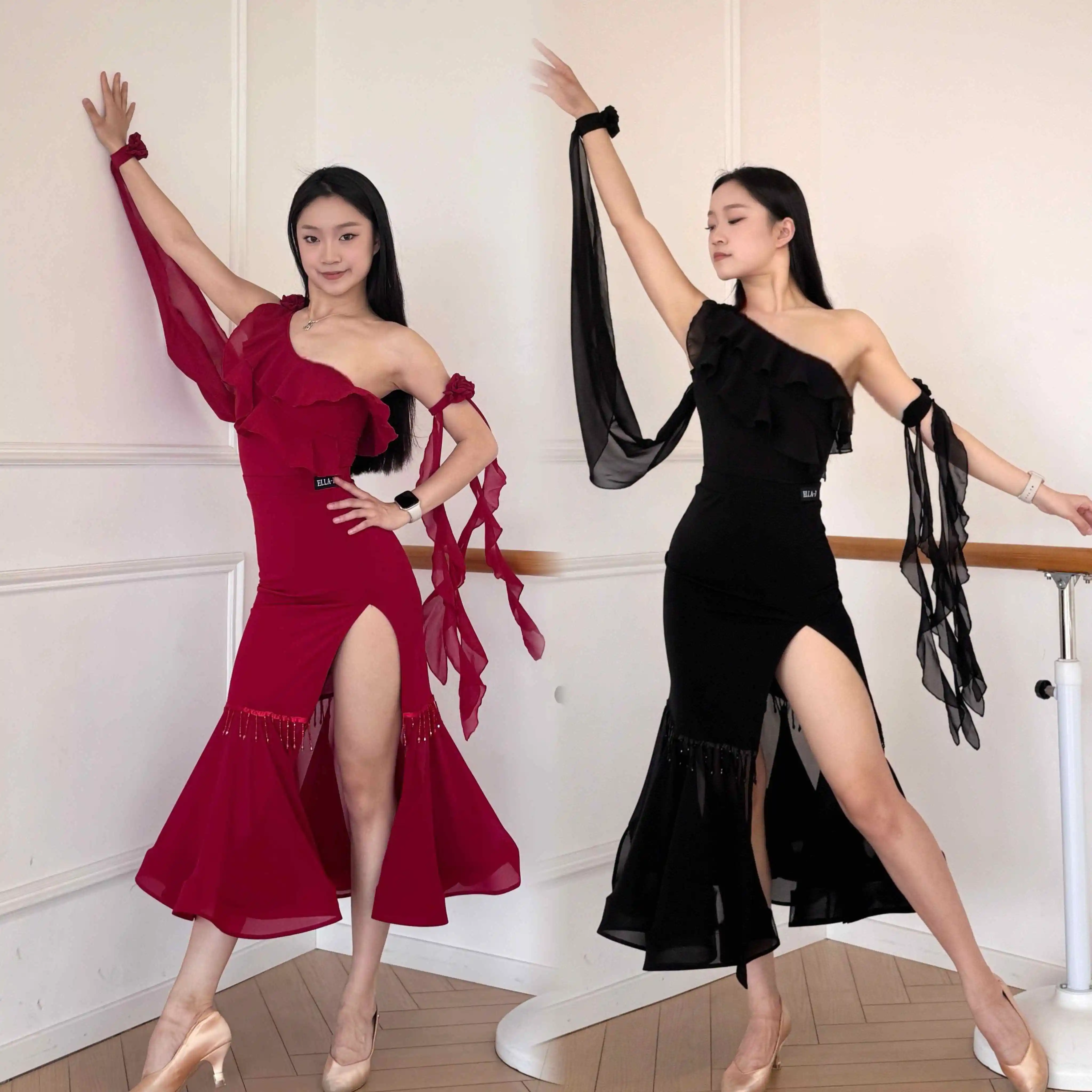 

2025 Ballroom Dance Performance Clothes Women Adult Waltz Dance Dress Slant Shoulder Tops Slit Skirt Competition Dress BL15590