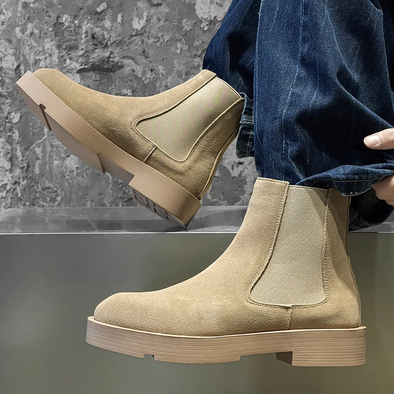 شتاء جديد البقرة المدبوغ تشيلسي الأحذية الرجعية عالية أعلى رجال الأعمال التنقل الأحذية الفاخرة العلامة التجارية سميكة سوليد الراحة المشي الأحذية