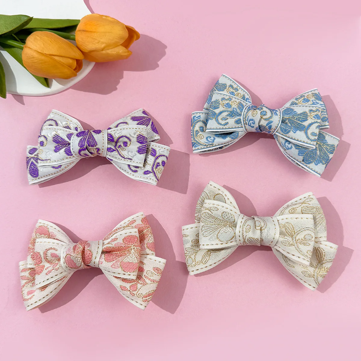 

36pcs Retro 4.7" Embroidered Hair Bow Clips Ribbon Bow Hairpin with Long Tassel for Women And Girls Bulk Pack Hairgrips Headwear