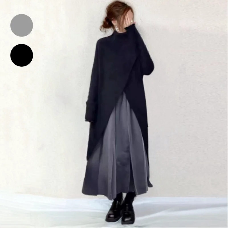 Spring New High Slit Knitted Sweater Women Loose Slimming High Quality Personality Mid-Length Sweater Commute Style Pure Color