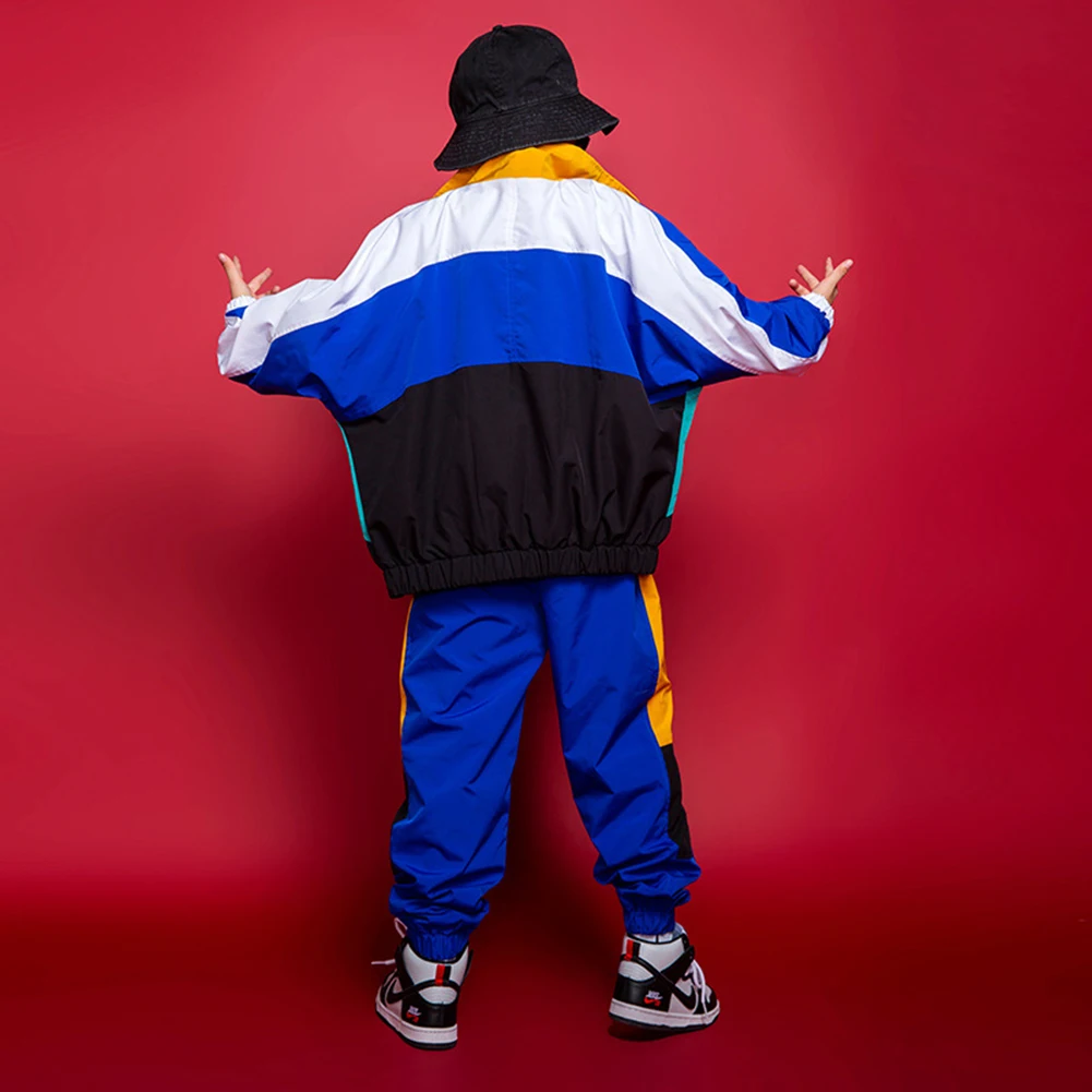 LOlanta 2Pcs Boys' Girls' Color Block Jacket Track Pants Sets Hip Hop Dance Patchwork Clothes Unisex Streetwear 5-16Years