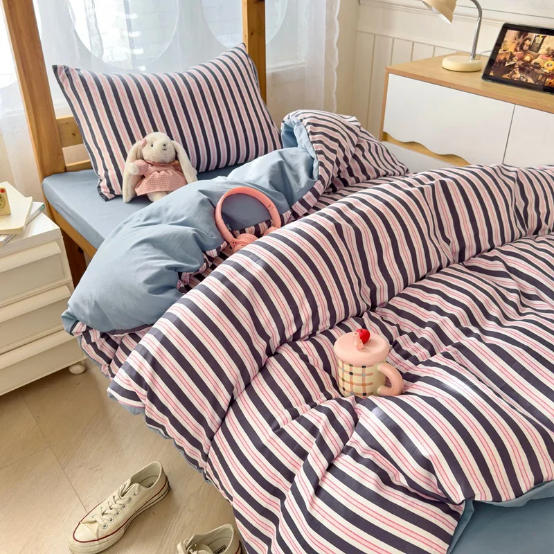Minimalism Stripes Bedding Set Color-blocking, Polyester 3pcs Set Single Size, Back to School Season for Student Dormitory Decor