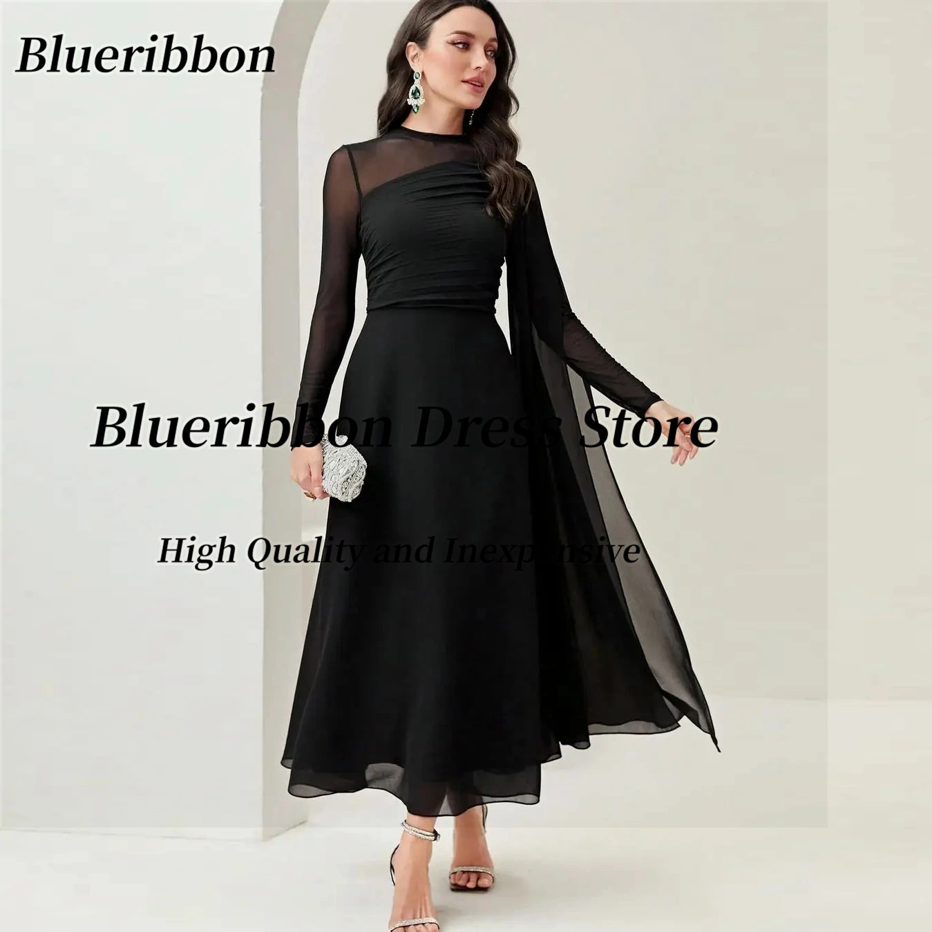 

Blueribbon Jewel Neck Prom Dresses with Shoulder Flutters Long Sleeves Customized Ankle Length Chiffon Homecoming Party Gowns