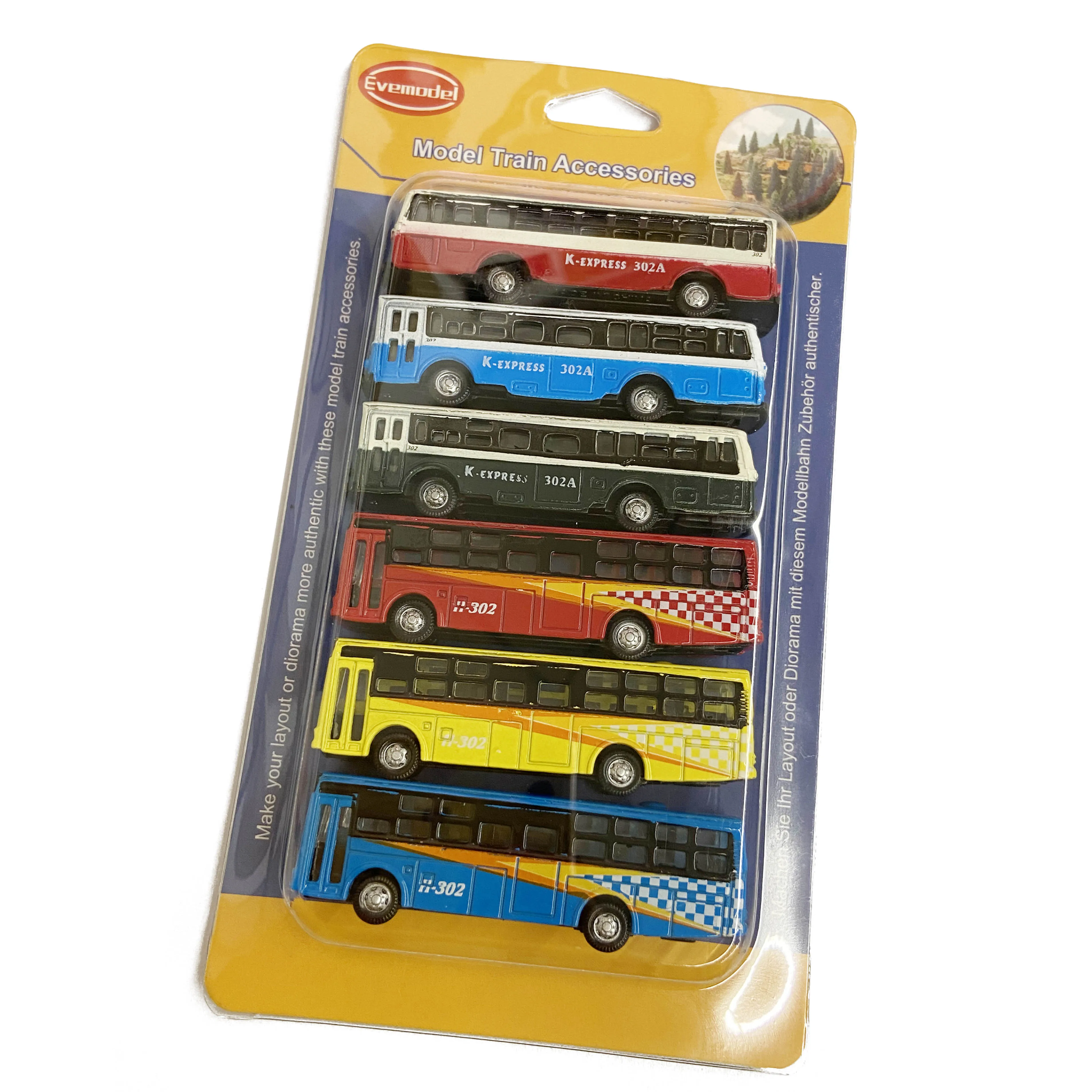 Evemodel 6pcs N Scale 1:160 Diecast Model Buses Mini Bus Train Layout Free Wheels BS150