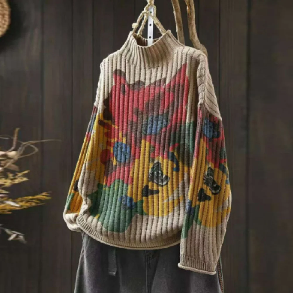 

Женский винтажный шикарный свитер с цветочным принтом, с высоким воротником и длинными рукавами, осенне-зимний повседневный свободный вязаный пуловер