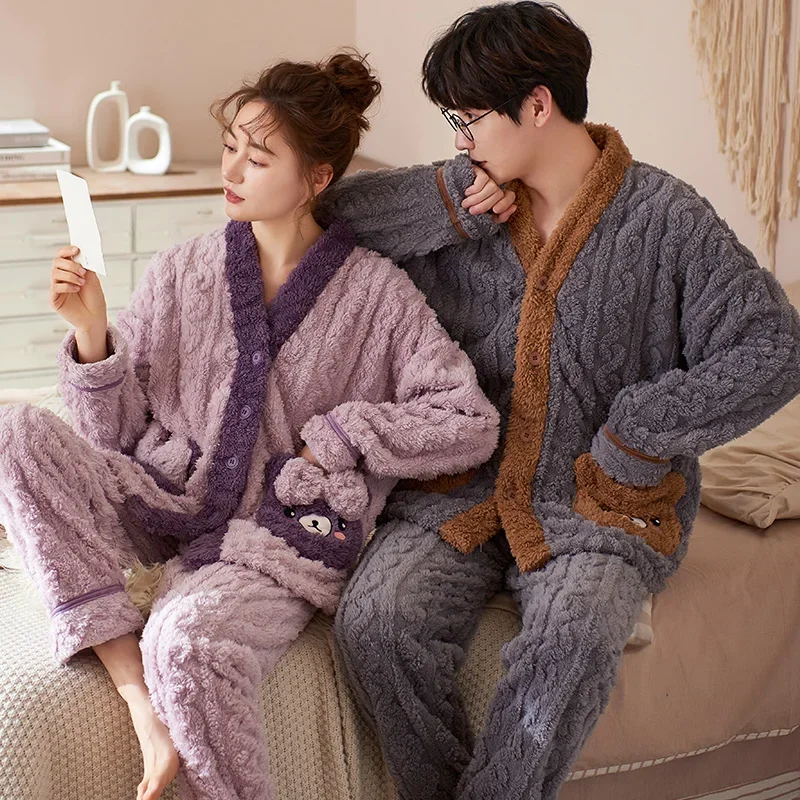 2024 New Flannel Pajamas Set Women and Men Matching Homewear Coral Fleece Kimono Long Sleepwear for Lovers pijamas para parejas