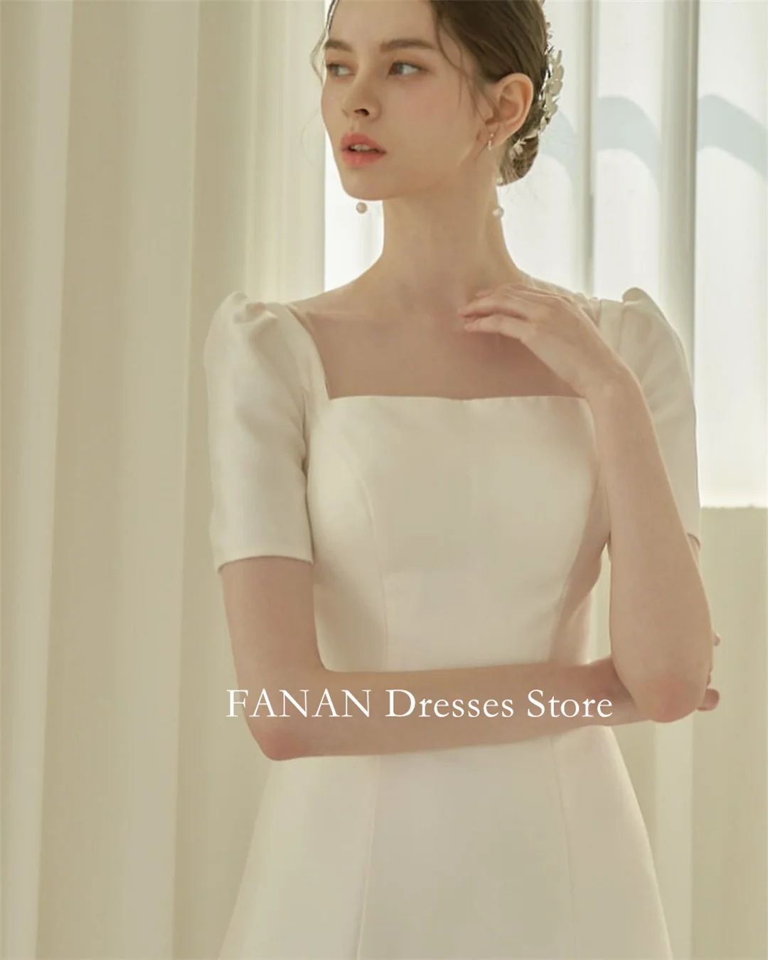 FANAN Elegant Corset Korea Ivory Satin Wedding Dresses 웨딩드레스 Square Neck Floor Length Customized Pretty Bride Gowns Plus Size