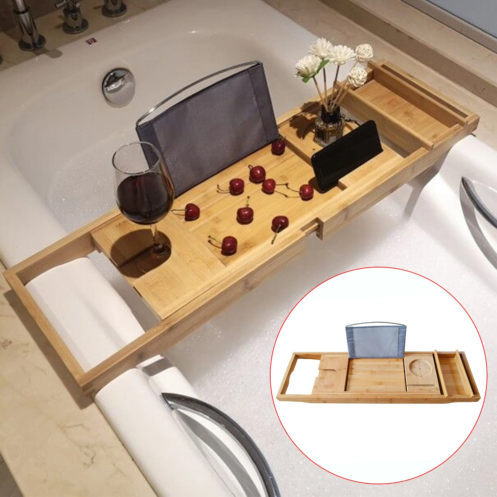 Extendable Bathtub Shelf Wooden Bath Tray Removable Bath Storage Rack Organizer Board with Cup Slot Holder Bathroom Accessories