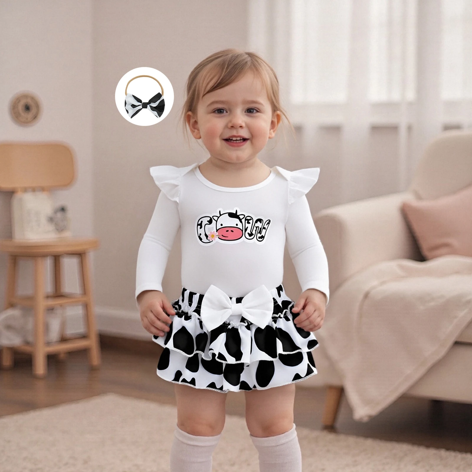 

Baby Clothing Girls Long Sleeve Letters Print Romper Cow Pattern Shorts Bow Headband Fall 3PCS Outfit