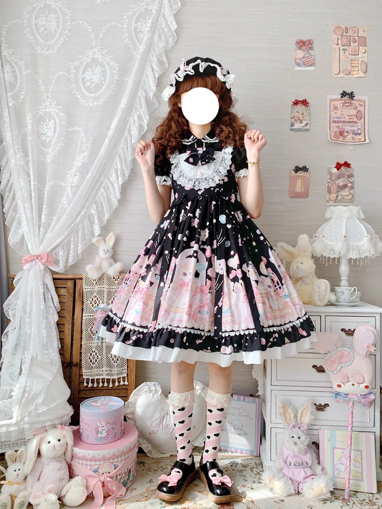 KIMOKOKM Sweet Lolita Style Square Collar Cat Printing Designer JSK Dress Bow Sleeveless Lace Ruffles Lace Girly Camisole Dress