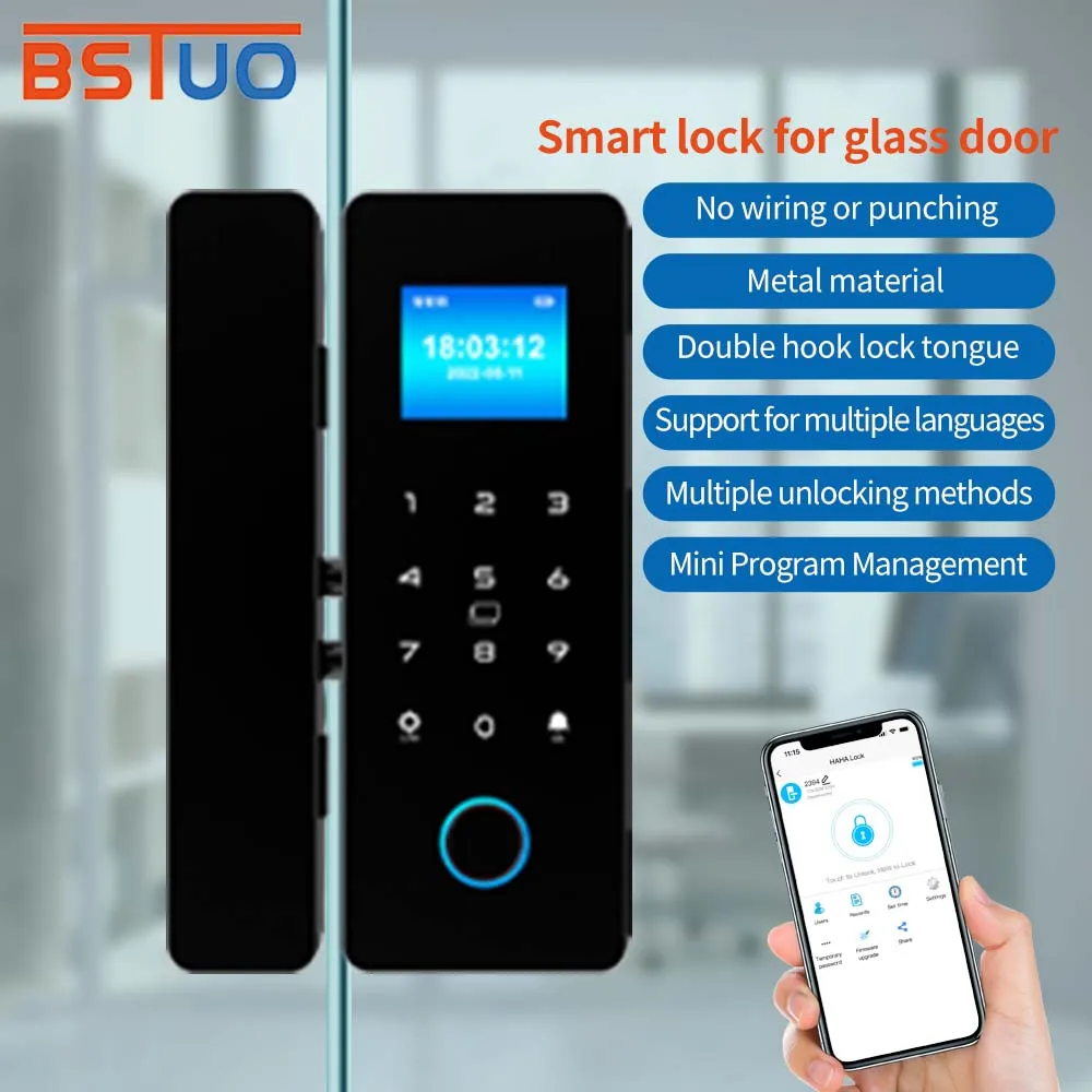 

HAHA Lock APP Fingerprint Lock Bluetooth Smart Glass Door Biometric Electronic Digital Door Lock IC 13.56Mhz RFID Remote Unlock