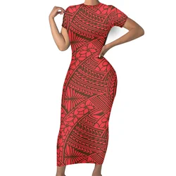 Polynesian Tribal Clothing Fijian Samoa Tapa Masi Dresses Casual Islander Short Sleeve Bodycon Long Red Dress For Women Summer